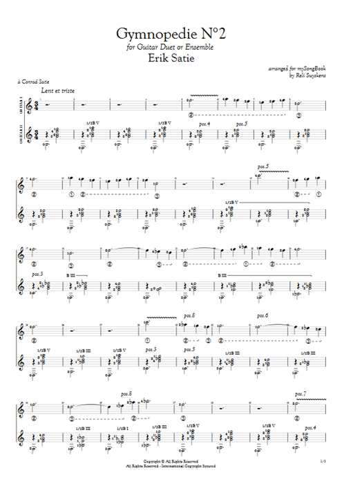 Gymnopédie N°2 in C Erik Satie guitar pro tab Full Score Guitar Duet mysongbook